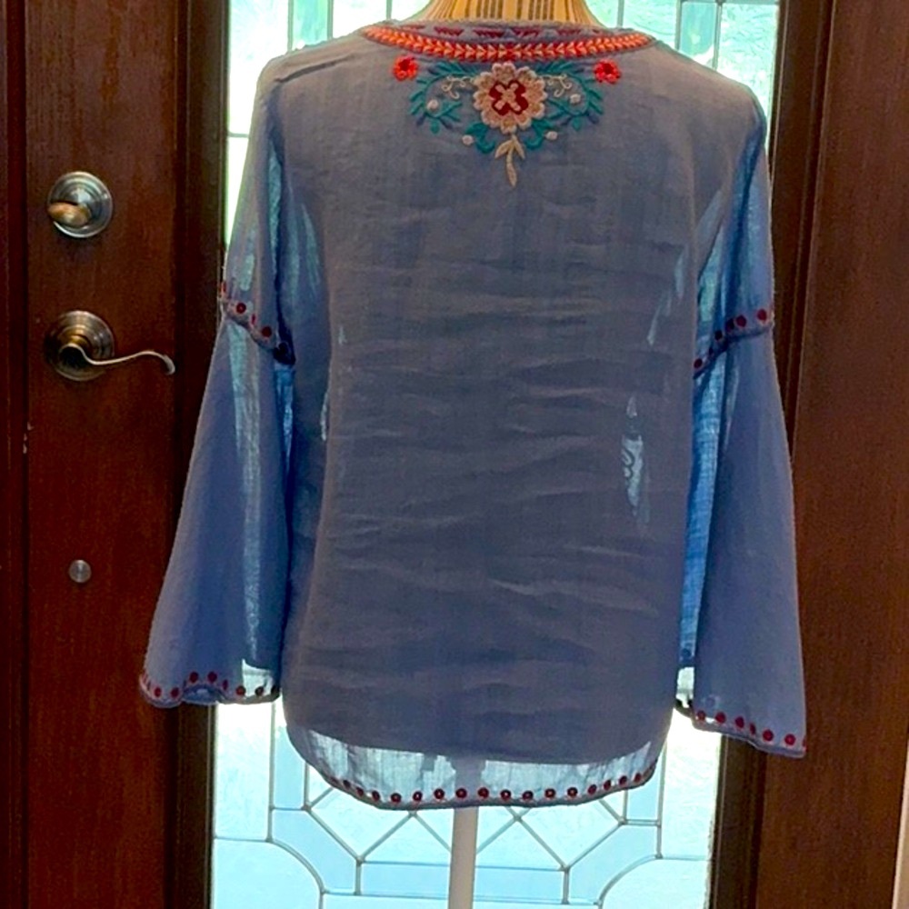 Johnny Was Oman Laceup Swing Blouse Embroidered Blue v neck small Top - Picture 8 of 13